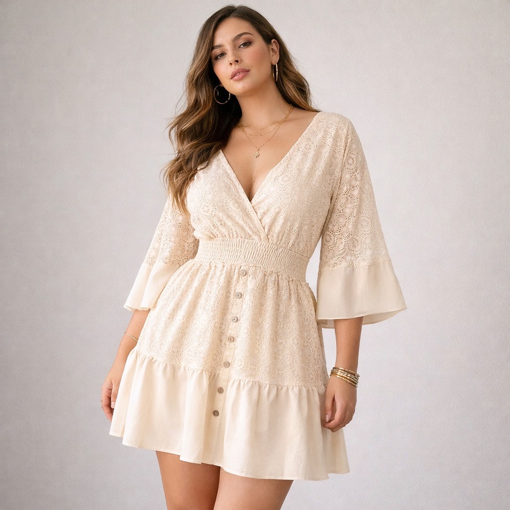 Boho Lace Mini Dress Cream Western Cottagecore Festival Flowy Size 3X